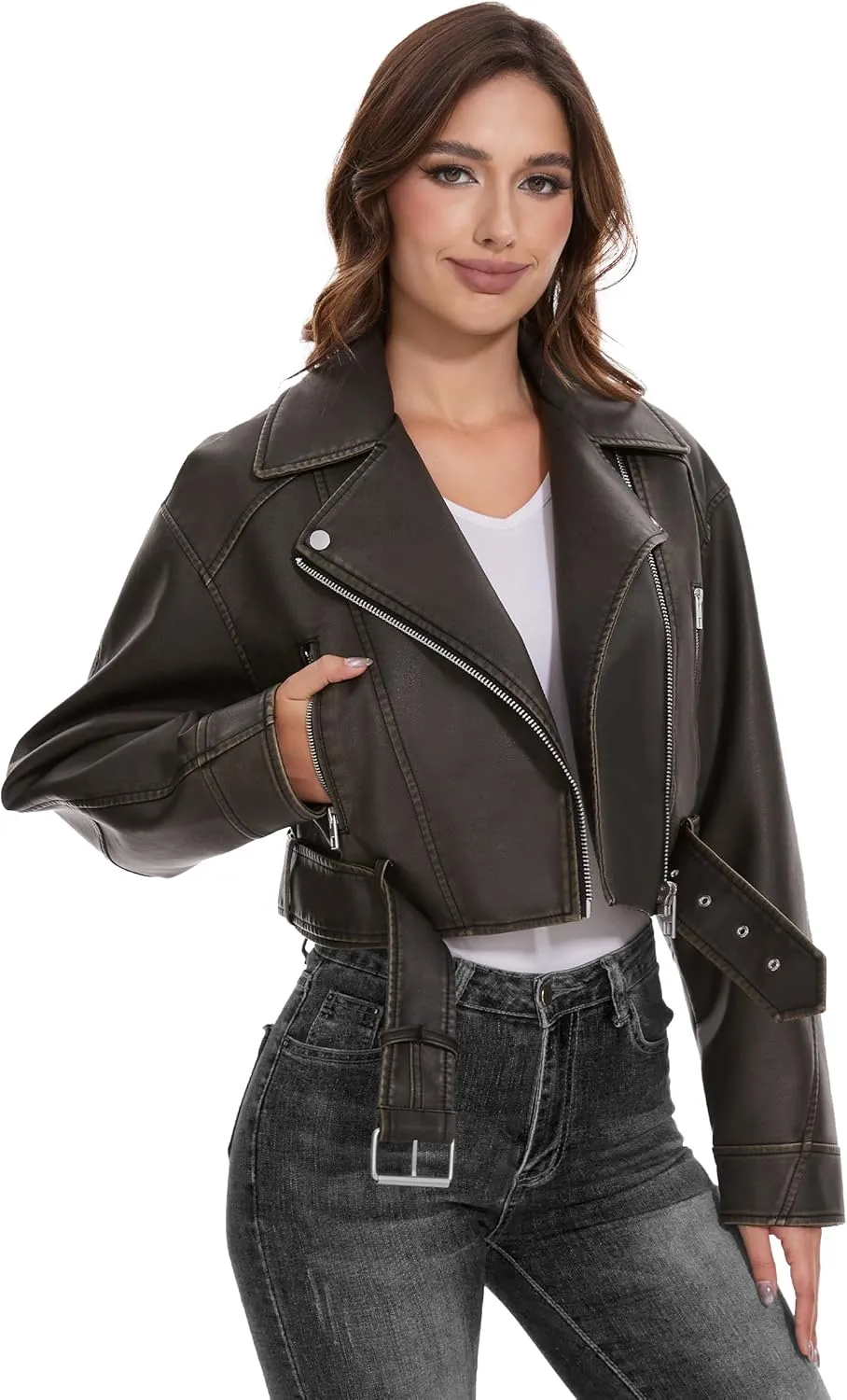 Fahsyee Faux Leather Jackets for Women, Black Motorcycle Moto Biker PU Outwear Coat
