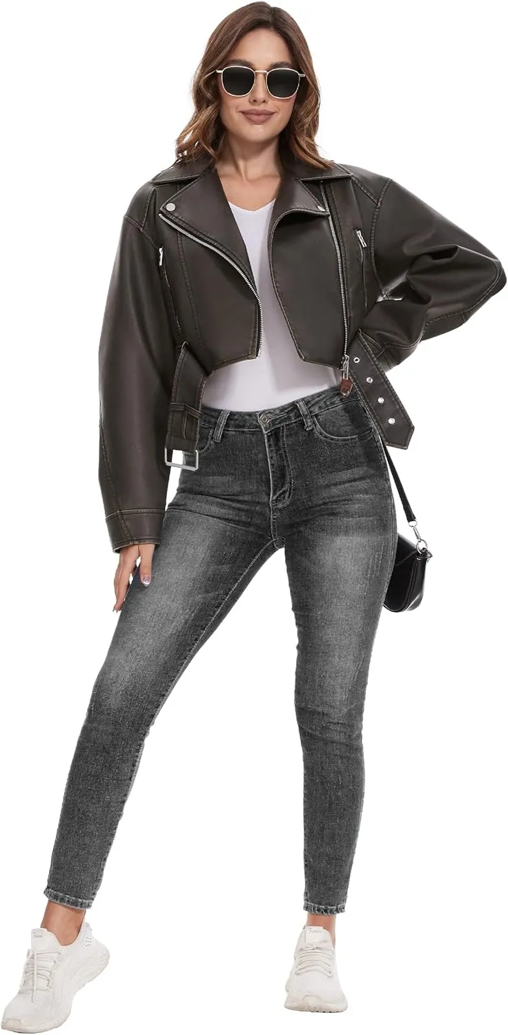 Fahsyee Faux Leather Jackets for Women, Black Motorcycle Moto Biker PU Outwear Coat