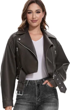 Fahsyee Faux Leather Jackets for Women, Black Motorcycle Moto Biker PU Outwear Coat