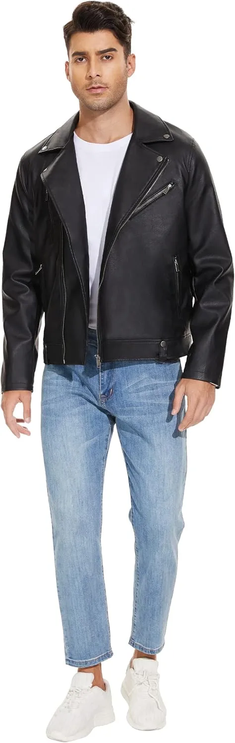 Fahsyee Leather Jackets for Men, Faux Bomber Jacket Mens Motorcycle Lapel Asymmetric Zip-Up Belt Slim Fit Biker Coat