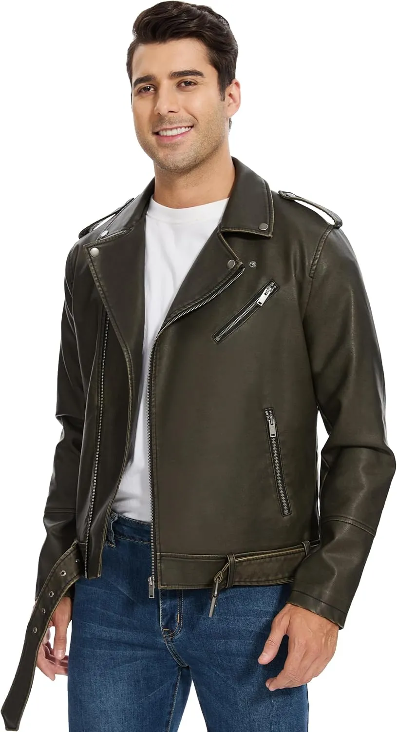 Fahsyee Leather Jackets for Men, Faux Bomber Jacket Mens Motorcycle Lapel Asymmetric Zip-Up Belt Slim Fit Biker Coat
