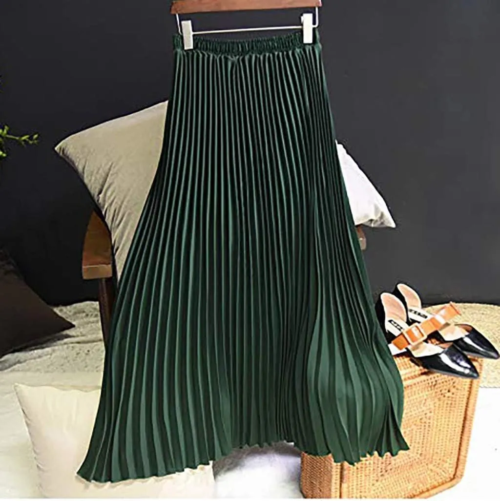Falda Womens Solid Pleated Elegant Midi Elastic Waist Maxi Skirt