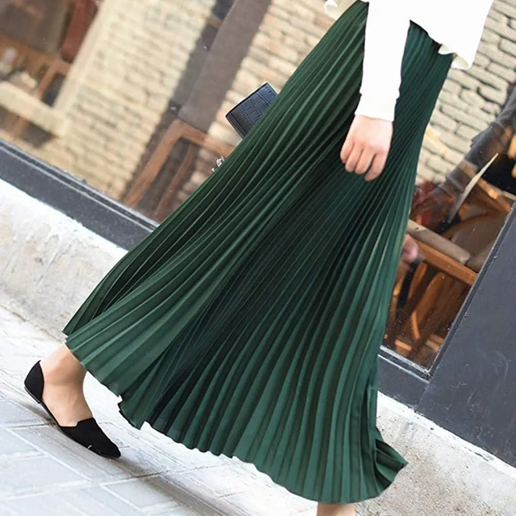 Falda Womens Solid Pleated Elegant Midi Elastic Waist Maxi Skirt