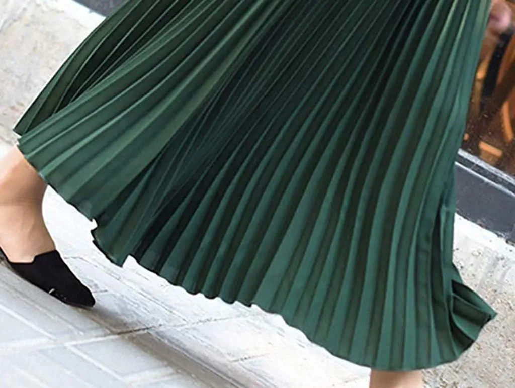 Falda Womens Solid Pleated Elegant Midi Elastic Waist Maxi Skirt