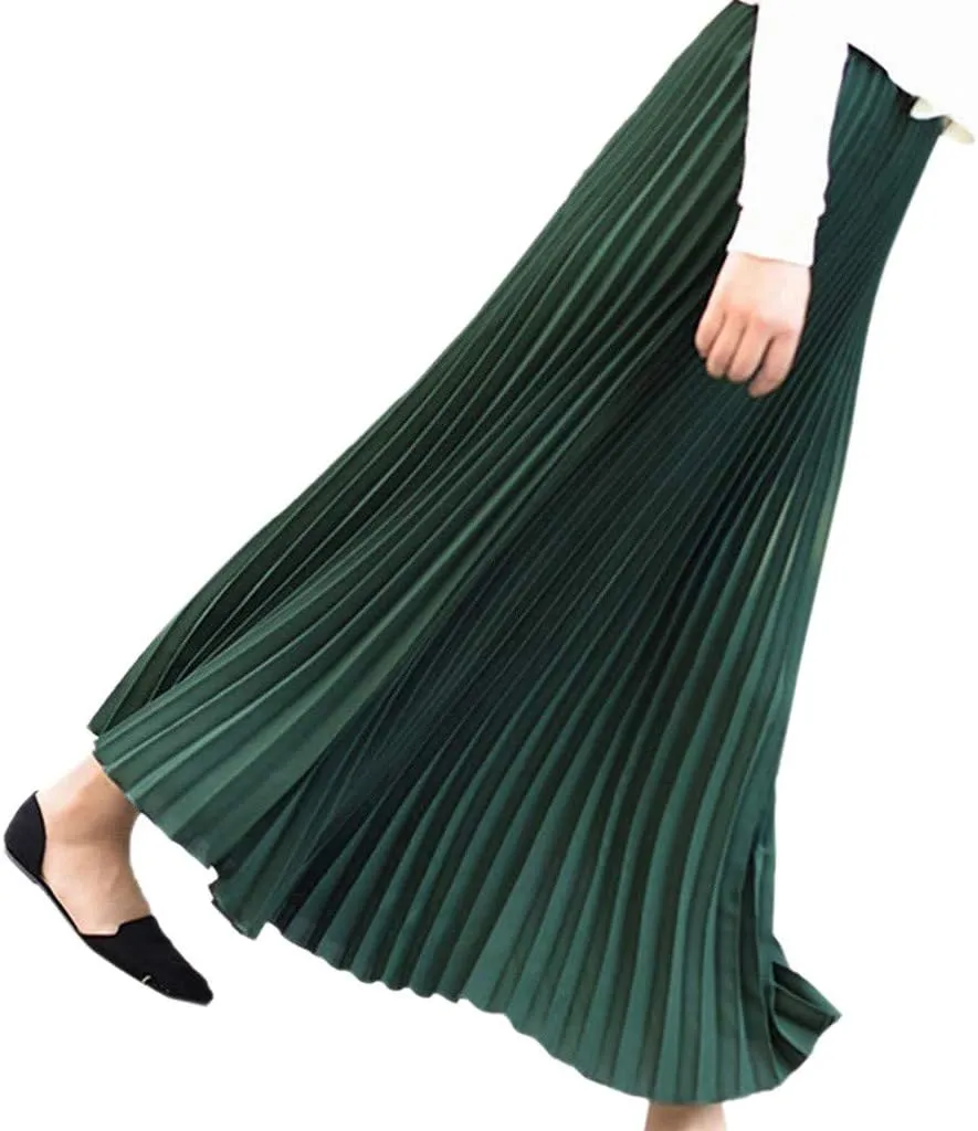Falda Womens Solid Pleated Elegant Midi Elastic Waist Maxi Skirt
