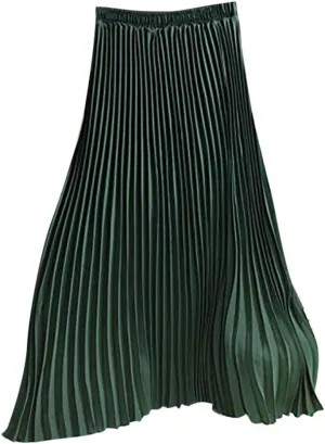 Falda Womens Solid Pleated Elegant Midi Elastic Waist Maxi Skirt