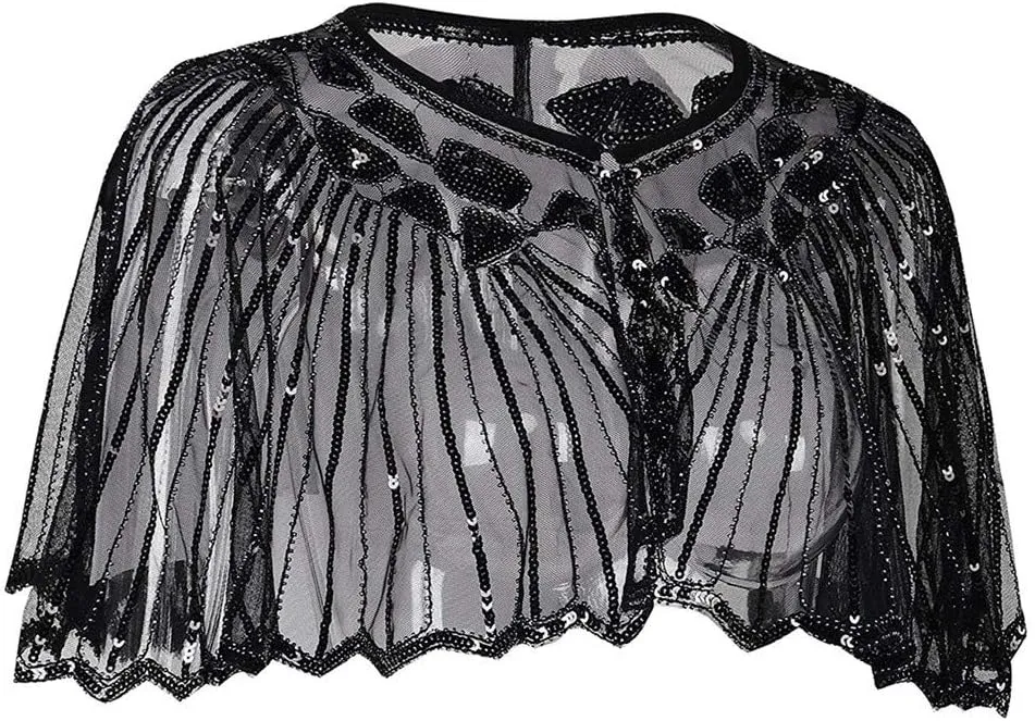 Fall Clothes Junior Girls Sequin Flapper Cover up 1920s Shawl Women's Bolero Cape Evening Beaded Women's