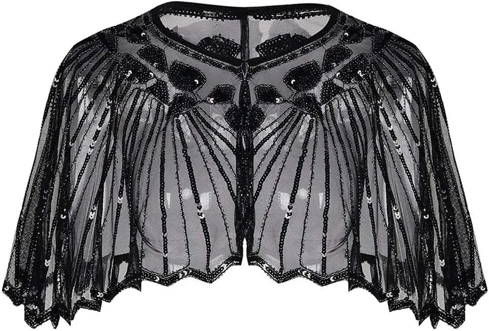 Fall Clothes Junior Girls Sequin Flapper Cover up 1920s Shawl Women's Bolero Cape Evening Beaded Women's