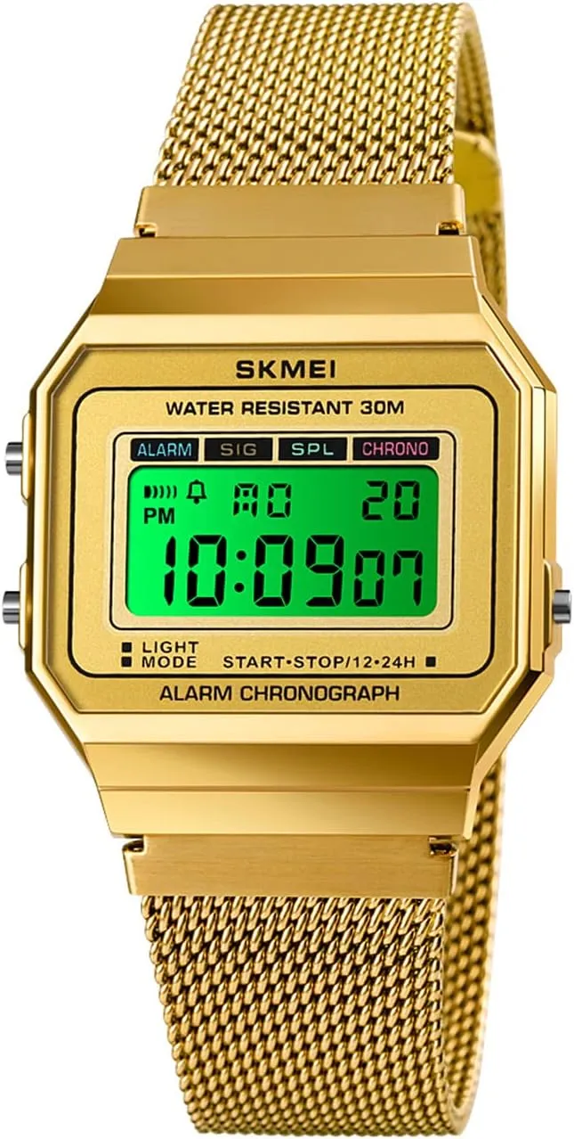 FANMIS Classic Unisex Military Digital Multifunction Sports Watch Square Face Waterproof Electronic Led Watch Stainless Steel Band Business Watches for Women's Men's
