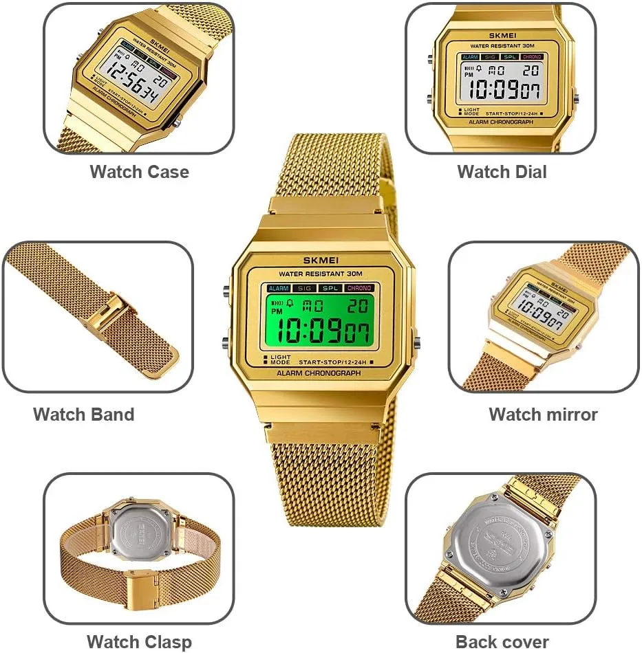 FANMIS Classic Unisex Military Digital Multifunction Sports Watch Square Face Waterproof Electronic Led Watch Stainless Steel Band Business Watches for Women's Men's