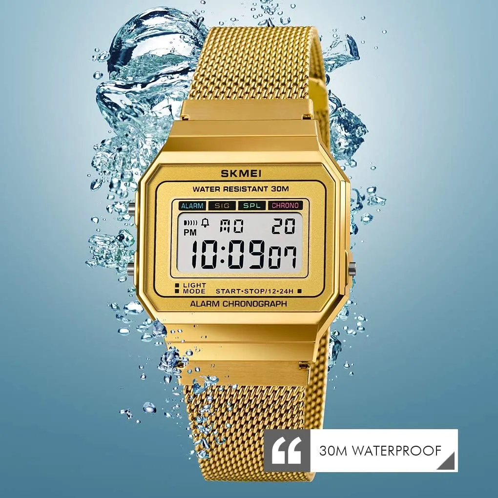 FANMIS Classic Unisex Military Digital Multifunction Sports Watch Square Face Waterproof Electronic Led Watch Stainless Steel Band Business Watches for Women's Men's