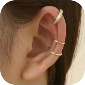Fansilver 3Pcs Ear Cuff Earrings for Women Non Piercing14K Gold Plated Ear Cuffs Clip on Cartilage Earrings Adjustable Fake Earrings Lightweight
