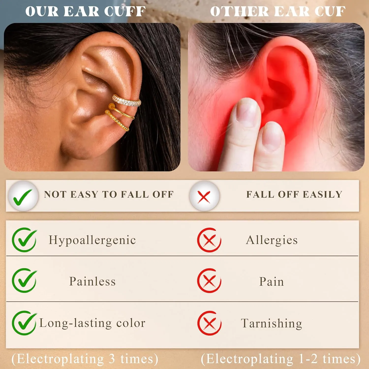 Fansilver 3Pcs Ear Cuff Earrings for Women Non Piercing14K Gold Plated Ear Cuffs Clip on Cartilage Earrings Adjustable Fake Earrings Lightweight