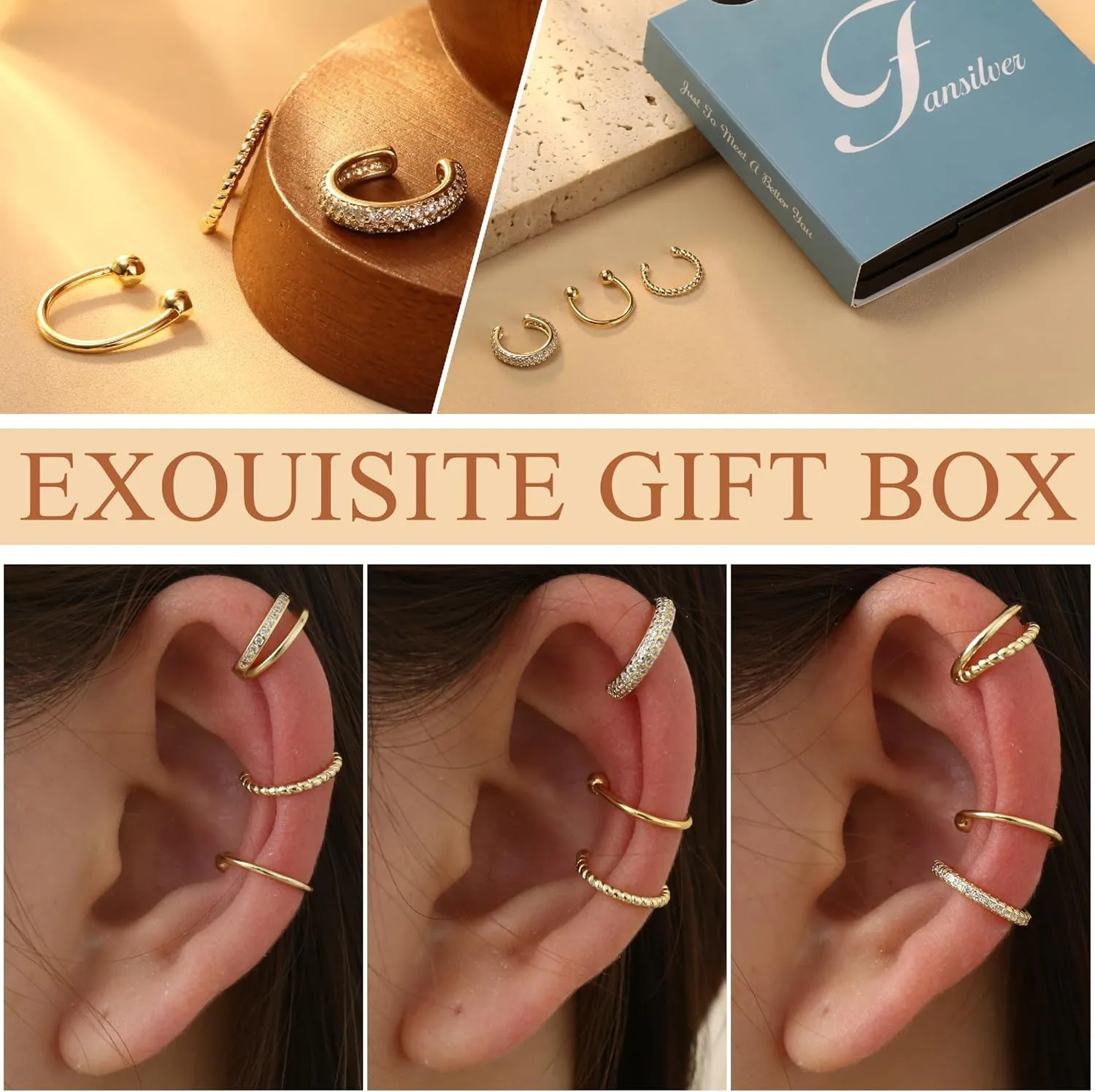 Fansilver 3Pcs Ear Cuff Earrings for Women Non Piercing14K Gold Plated Ear Cuffs Clip on Cartilage Earrings Adjustable Fake Earrings Lightweight