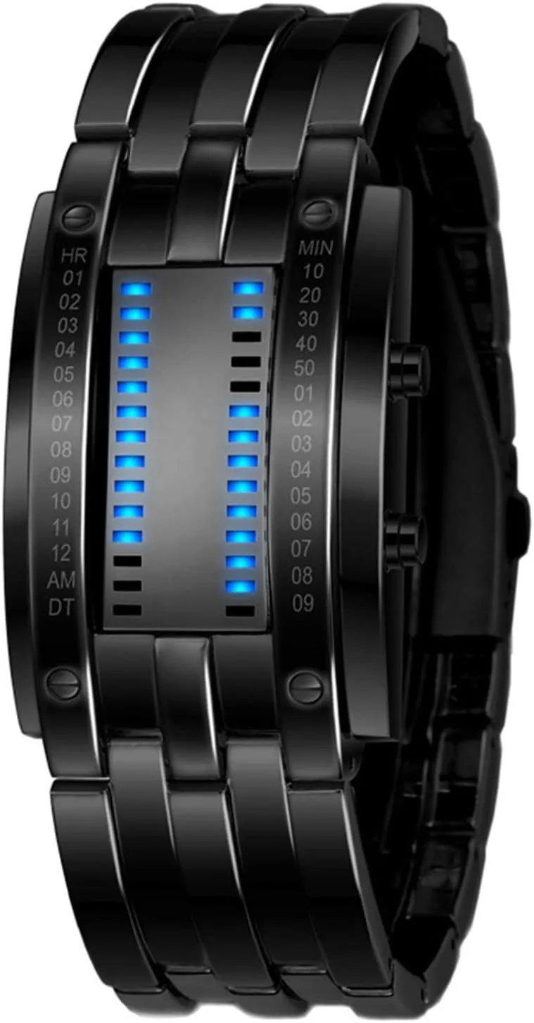 Fashion Mens Binary Sports Watch Digital LED Matrix Waterproof Outdoor Casual Black Bracelet Square Blue Backlit Watches