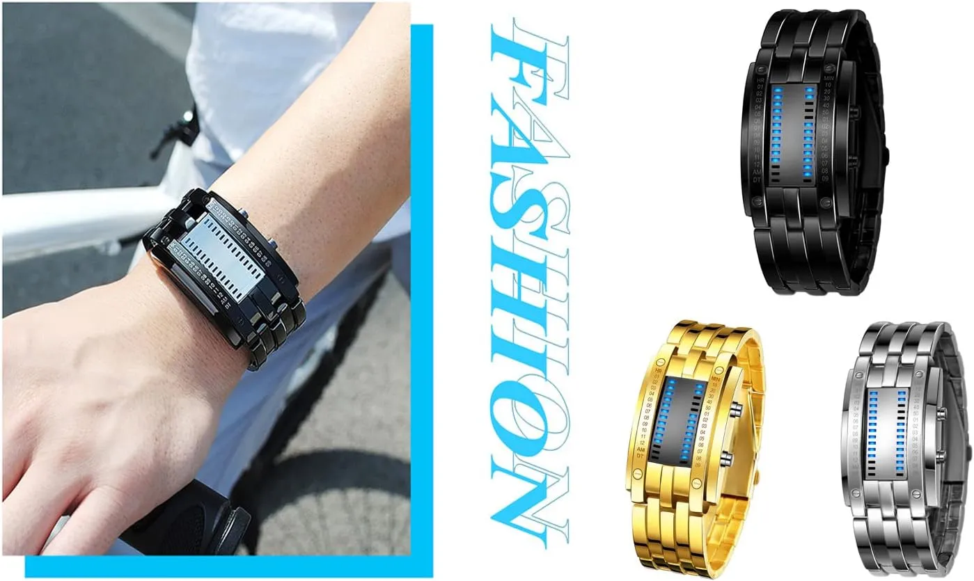 Fashion Mens Binary Sports Watch Digital LED Matrix Waterproof Outdoor Casual Black Bracelet Square Blue Backlit Watches