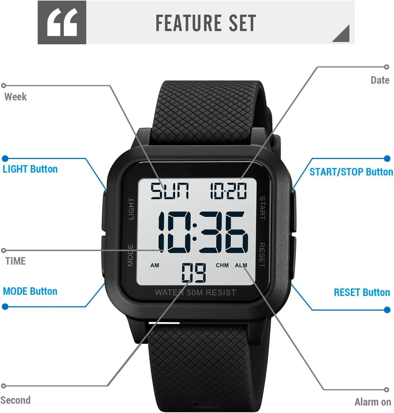 findtime Unisex Digital Watch Men Women Square Face Big Numbers LED Electronic Wrist Watches Waterproof/Alarm/Countdown Timer/Dual Time/Stopwatch/12/24H
