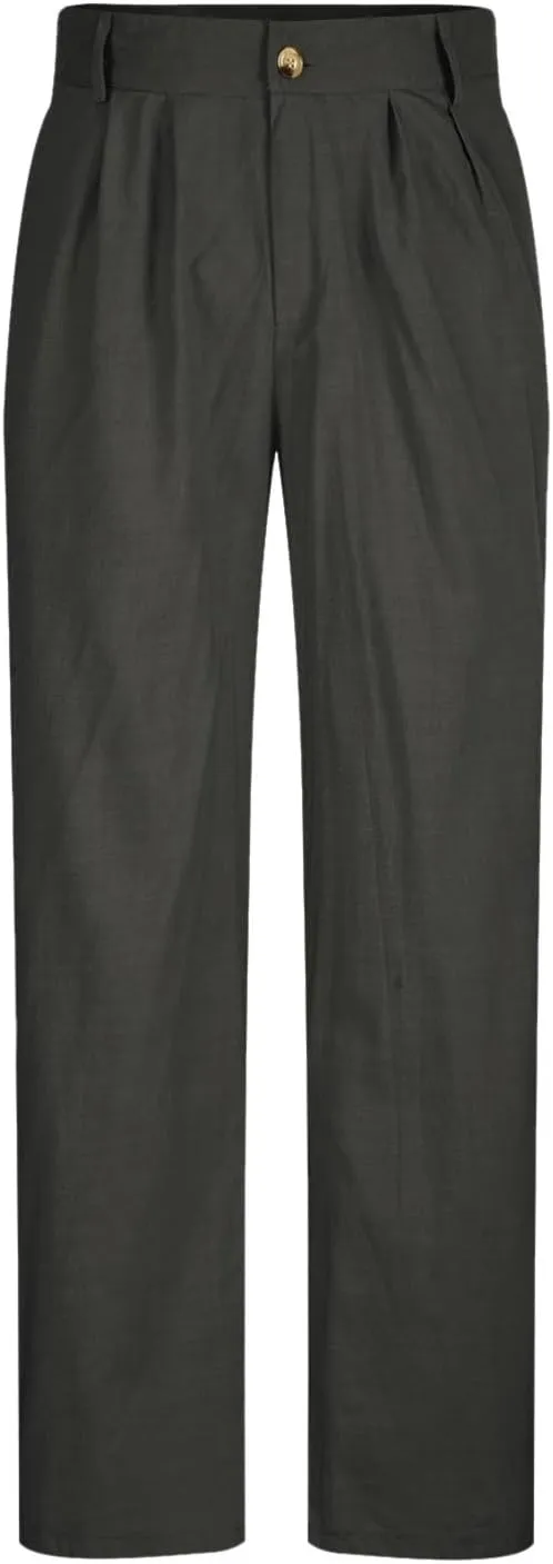 Finelylove Cotton Linen Pants Men Straight Leg Pleated Work Dress Pants Relaxed Fit Casual Leisure Chino Trousers