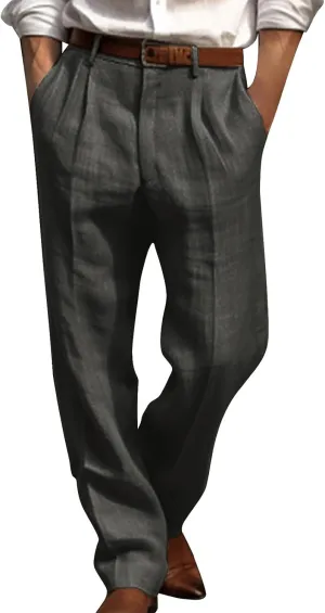 Finelylove Cotton Linen Pants Men Straight Leg Pleated Work Dress Pants Relaxed Fit Casual Leisure Chino Trousers