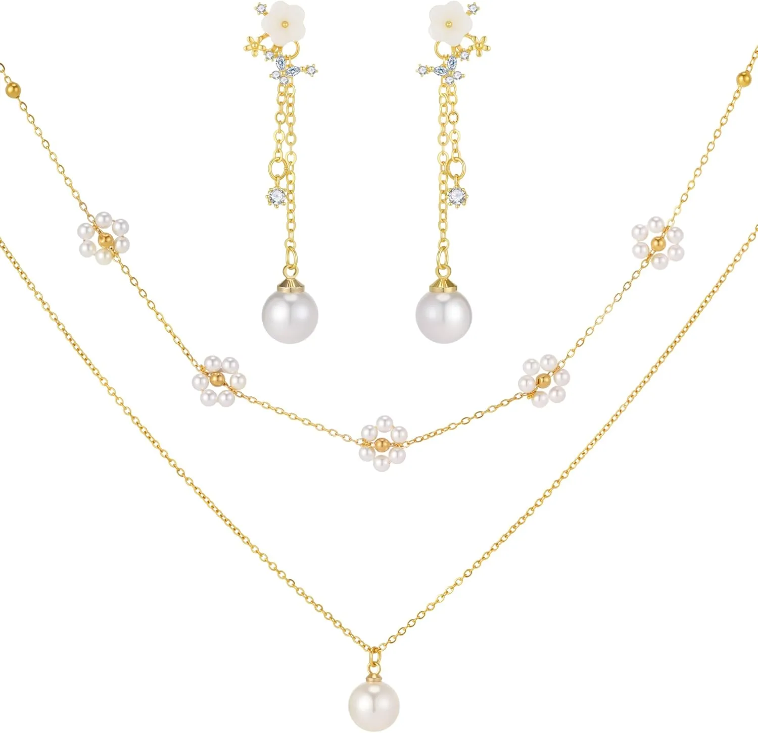 Flower Earrings Necklaces Gold Bridesmaid Pearl Dangle Earrings Daisy Choker Layered Pearl For Women 2PCS