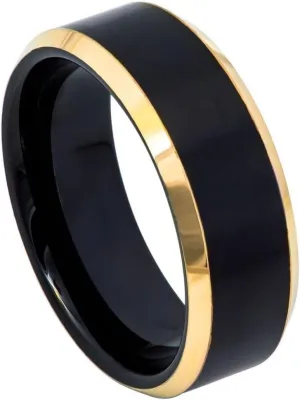 Free Personalized laser engraving Ring for Men and Ring for Women Tungsten Ring Two-Tone Black and Yellow Gold IP Brushed Center Beveled Edge  8mm Wedding Band Ring Ideal Rings for Couples