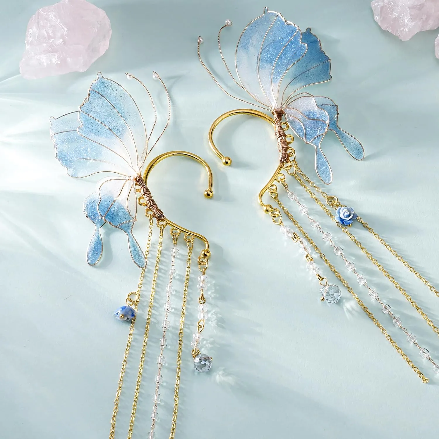 FRESHME Butterfly Elf Ear Cuffs - Fairy Ear Cuffs with Tassel Non Pierced Mermaid Ears for Women Renaissance Accessories