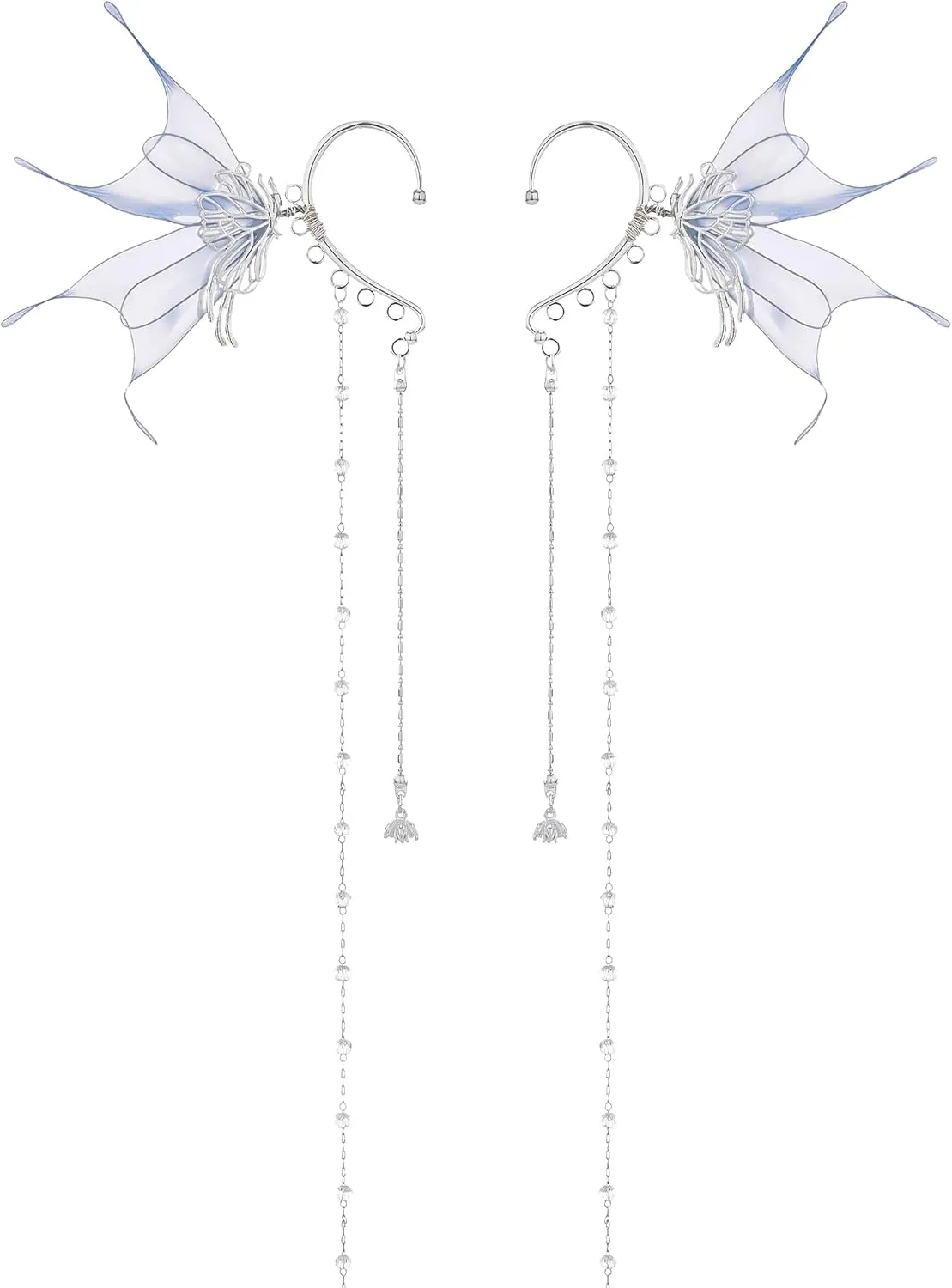 FRESHME Elf Fairy Ear Cuffs - Blue Butterfly Wings Elven Ear Cuffs with Glass Beads Tassel Non Pierced Mermaid Ears for Women Renaissance Dress Up Renfaire Costume Cosplay Makeup Fantasy Accessories