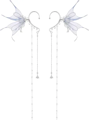FRESHME Elf Fairy Ear Cuffs - Blue Butterfly Wings Elven Ear Cuffs with Glass Beads Tassel Non Pierced Mermaid Ears for Women Renaissance Dress Up Renfaire Costume Cosplay Makeup Fantasy Accessories