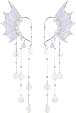 FRESHME Fairy Elf Ear Cuffs - Mermaid Ears Non Piercing Silver Elven Ear Climbers with Shell Tassel Auricular Fins Earrings Renaissance Renfaire Dress Up Cosplay Accessories for Women Adult
