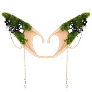 FRESHME Fairy Elf Ears with Black Mushroom, Forest Pixie Ear Cuffs with Mushroom Moss and Flower Non-Piercing Cartilage Earrings for Women Girls Renaissance Photoshoot Cosplay Costume Accessories
