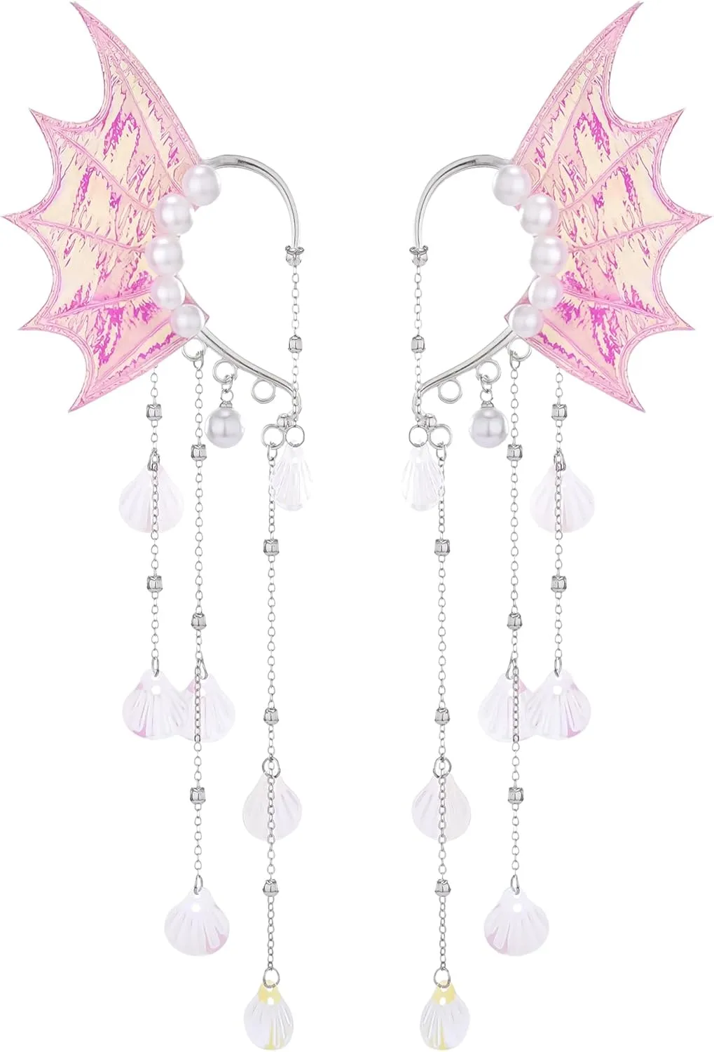 FRESHME Mermaid Fairy Ear Cuffs - Pink Elf Ear Cuffs No Piercing Elven Ear Climbers with Colorful Bead Tassel and Pearl Auricular Fins Earring Renaissance Renfaire Cosplay Mermaid Costume Accessories