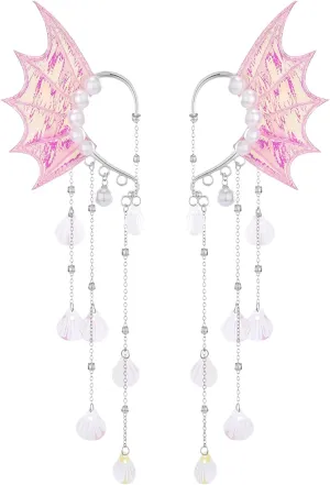 FRESHME Mermaid Fairy Ear Cuffs - Pink Elf Ear Cuffs No Piercing Elven Ear Climbers with Colorful Bead Tassel and Pearl Auricular Fins Earring Renaissance Renfaire Cosplay Mermaid Costume Accessories
