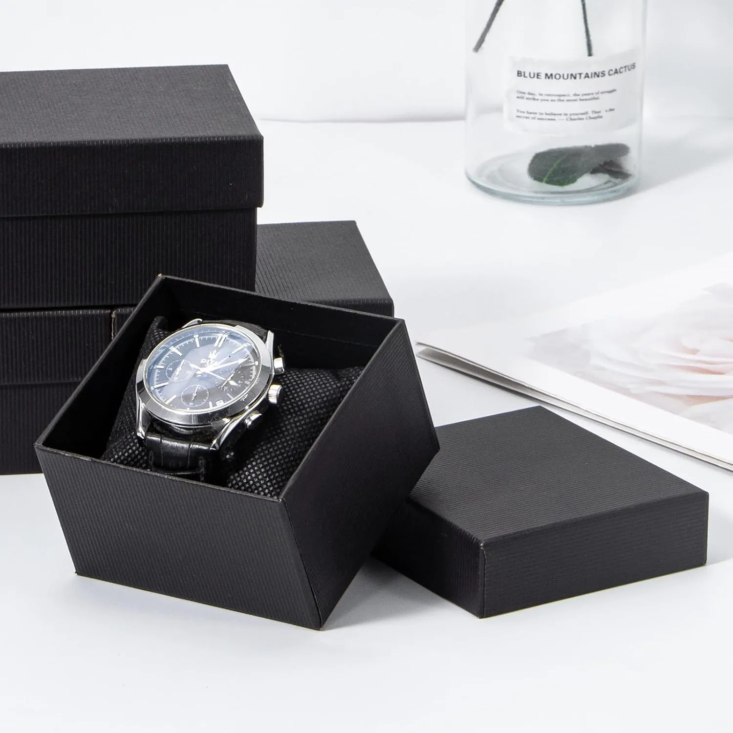 Gasuuo Watch Gift Box, 6 Pack Paper Cardboard Watch Box with Pillow Watch Box Jewelry Gift Boxes Square Cardboard Boxes for Men and Women, Christmas, Birthdays,Valentine's Day 3.5"x3.2"x2.1", Black