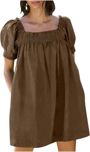 Generic Linen Dresses for Women 2024 Summer Mini Dress Short Sleeve A-Line Sundress Casual Loose Beach Dress with Pockets