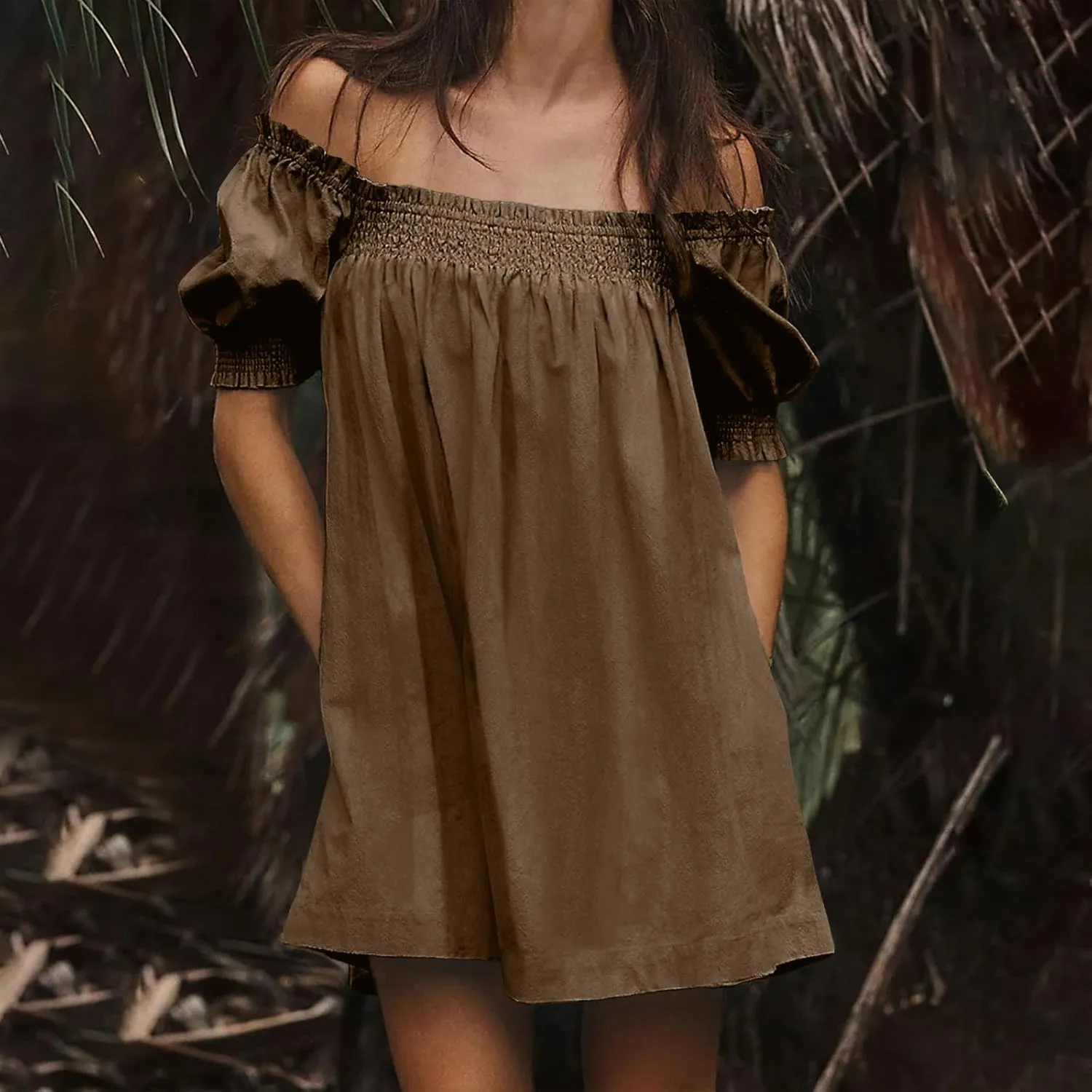 Generic Linen Dresses for Women 2024 Summer Mini Dress Short Sleeve A-Line Sundress Casual Loose Beach Dress with Pockets