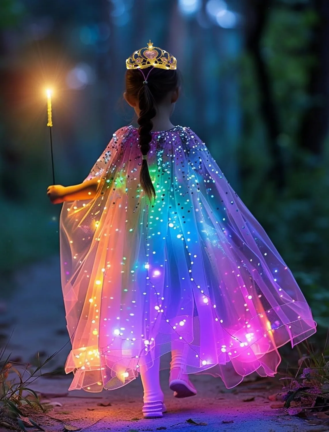 Girls LED Light Up Princess Cape With Glow Necklace Crown and Glow Scepter