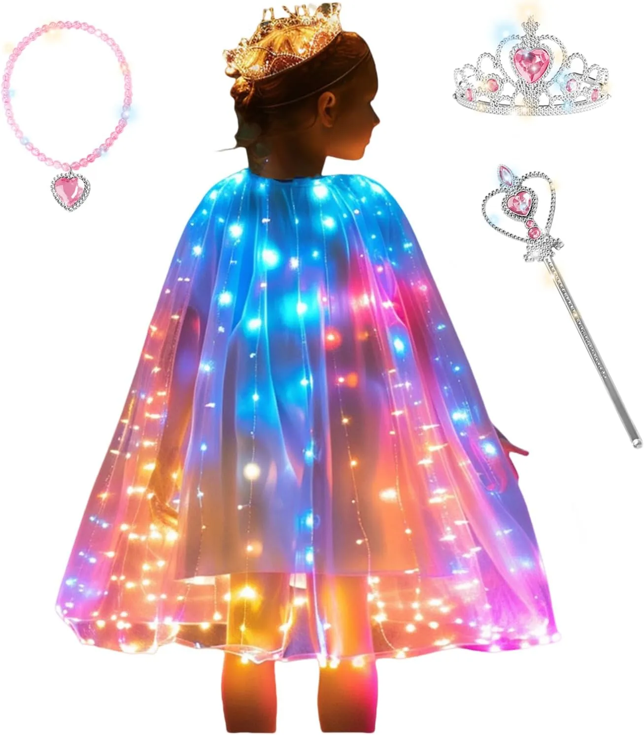 Girls LED Light Up Princess Cape With Glow Necklace Crown and Glow Scepter