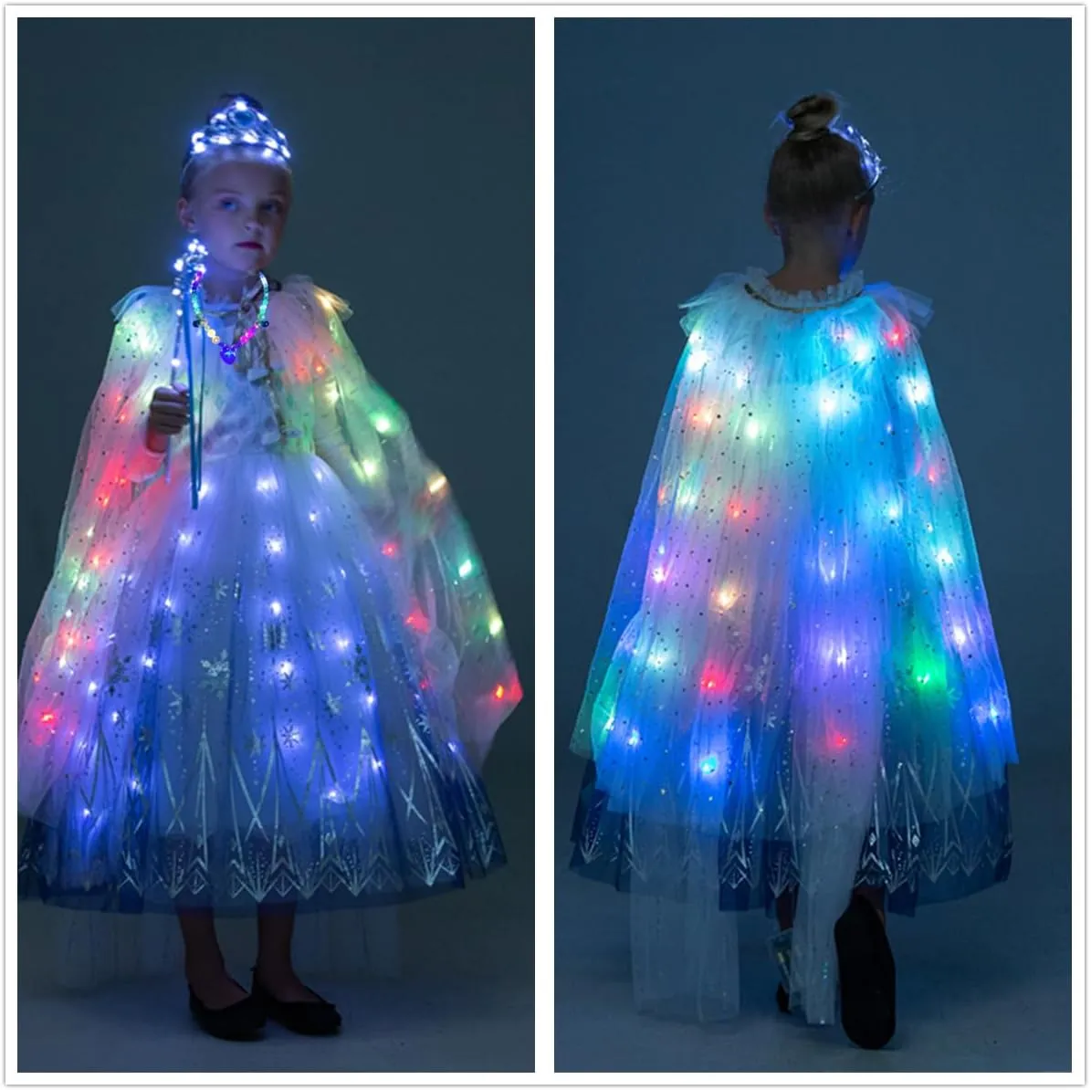 Girls LED Light Up Princess Cape With Glow Necklace Crown and Glow Scepter