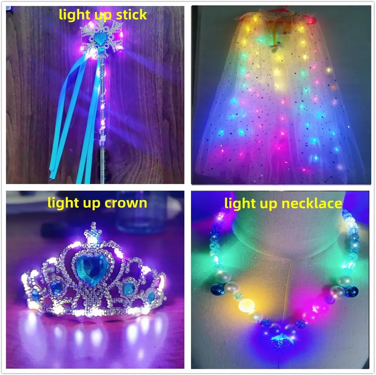Girls LED Light Up Princess Cape With Glow Necklace Crown and Glow Scepter