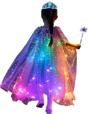 Girls LED Light Up Princess Cape With Glow Necklace Crown and Glow Scepter