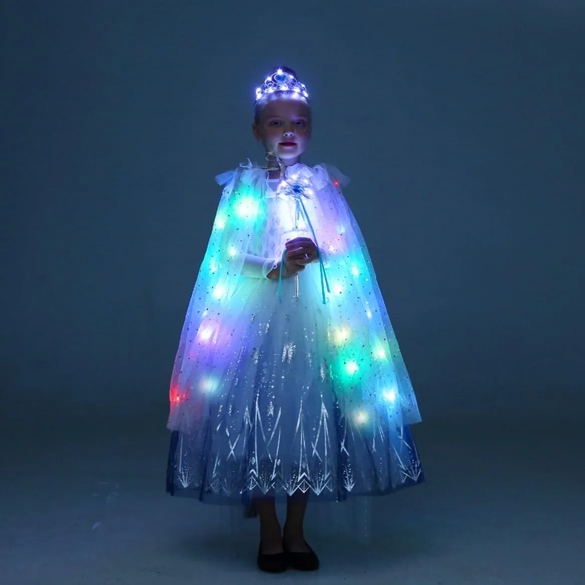 Girls LED Light Up Princess Cape With Glow Necklace Crown and Glow Scepter