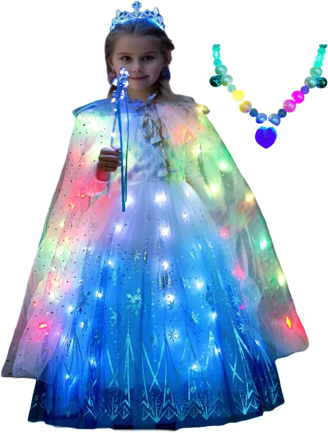 Girls LED Light Up Princess Cape With Glow Necklace Crown and Glow Scepter