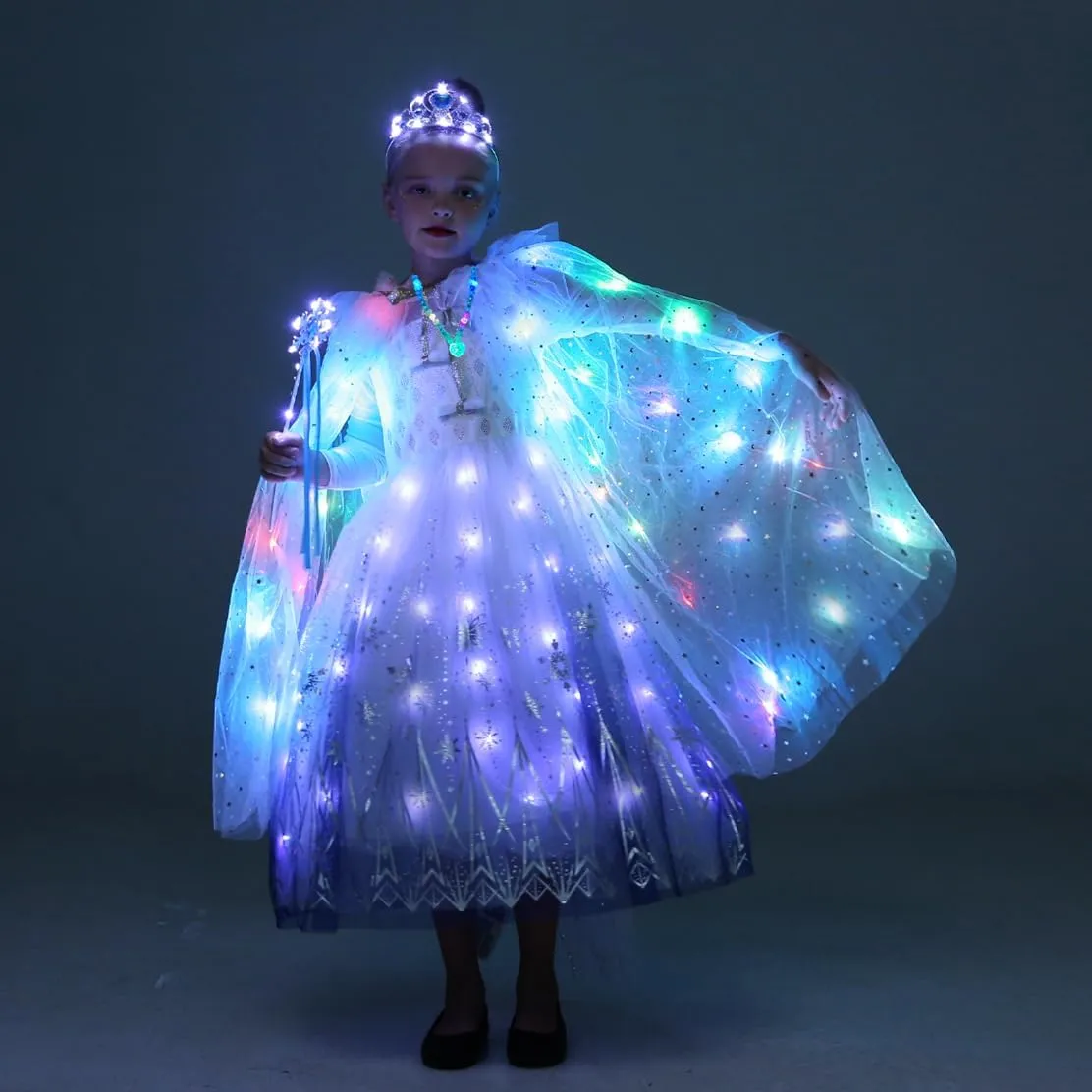 Girls LED Light Up Princess Cape With Glow Necklace Crown and Glow Scepter