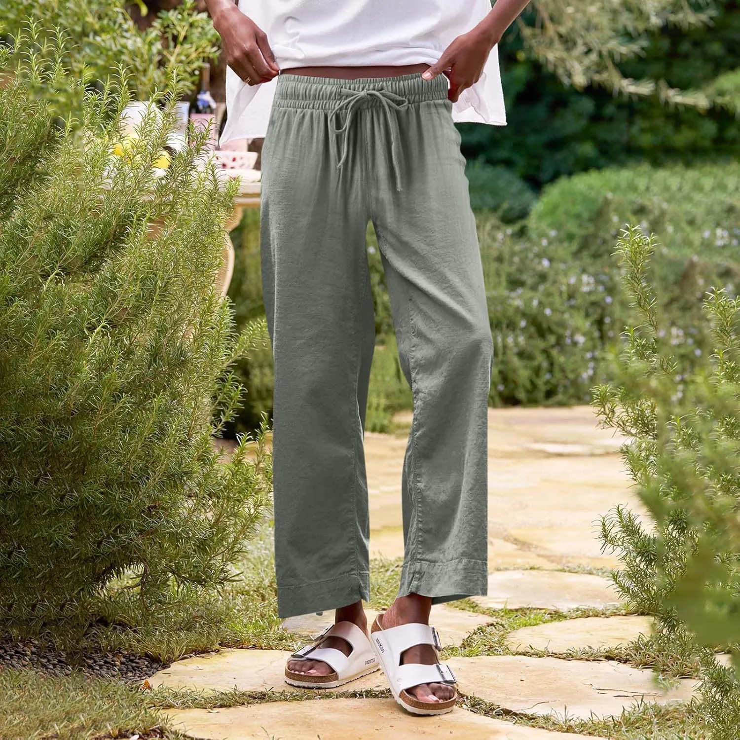 GOFULY Linen Pants for Women Casual Wide Straight Leg High Rise Casual Palazzo Pants 2025 Summer Solid Trousers with Pockets