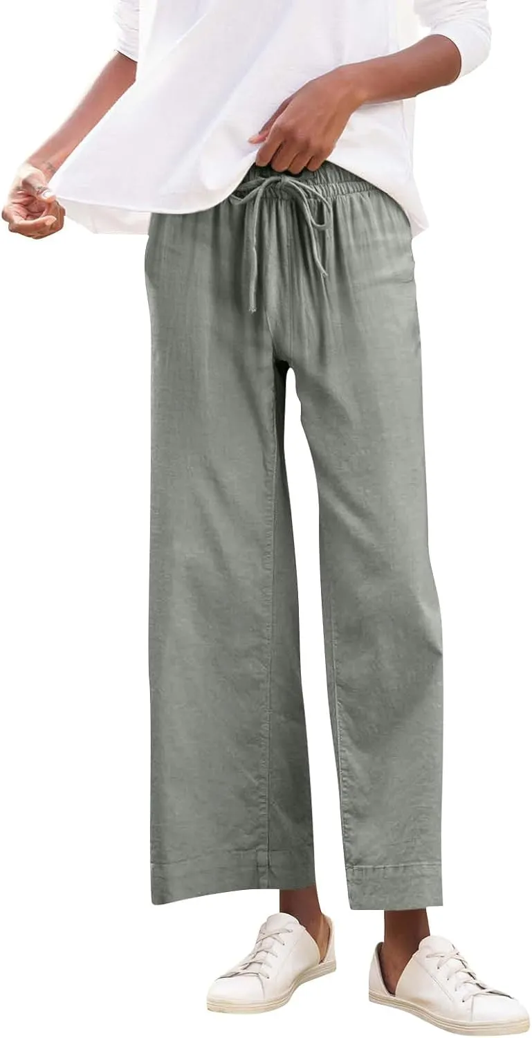 GOFULY Linen Pants for Women Casual Wide Straight Leg High Rise Casual Palazzo Pants 2025 Summer Solid Trousers with Pockets