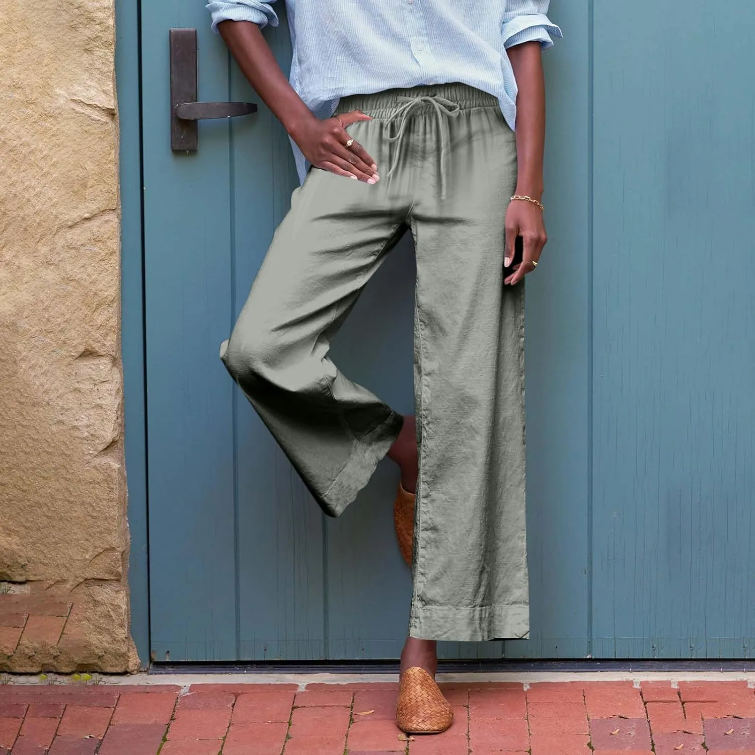 GOFULY Linen Pants for Women Casual Wide Straight Leg High Rise Casual Palazzo Pants 2025 Summer Solid Trousers with Pockets