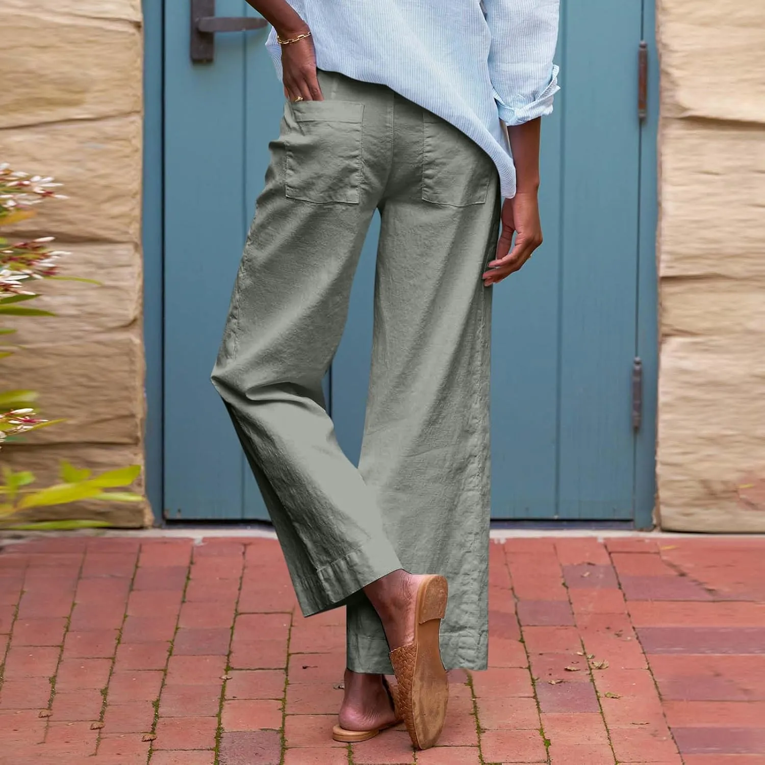 GOFULY Linen Pants for Women Casual Wide Straight Leg High Rise Casual Palazzo Pants 2025 Summer Solid Trousers with Pockets
