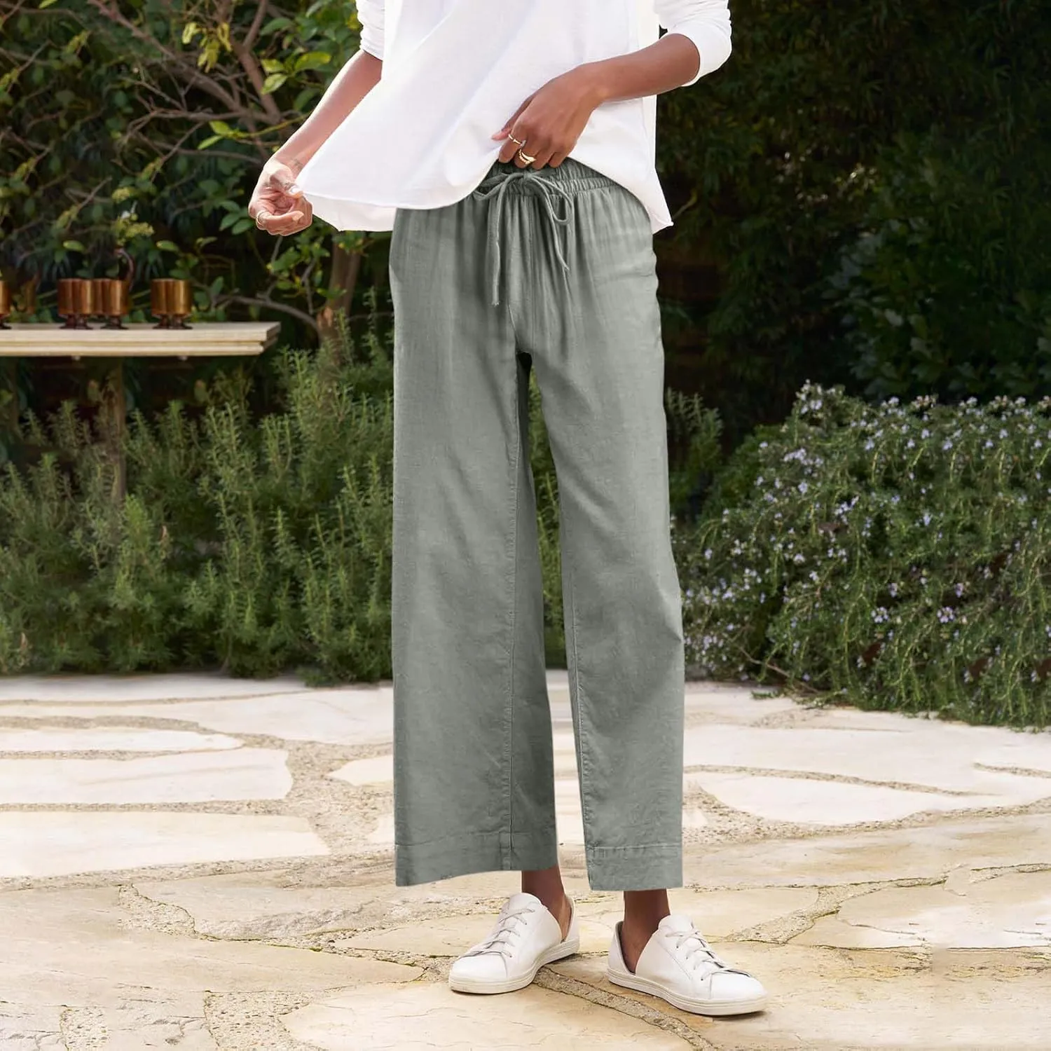 GOFULY Linen Pants for Women Casual Wide Straight Leg High Rise Casual Palazzo Pants 2025 Summer Solid Trousers with Pockets