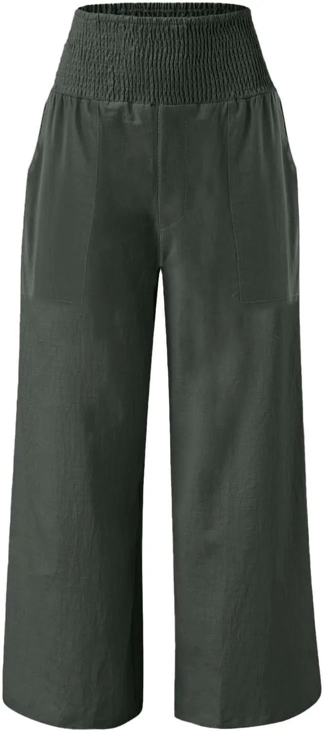GOFULY Linen Pants Women Wide Leg Flowy High Rise Summer Pants Vacation 2025 Elastic Waist Baggy Solid Trouser with Pockets