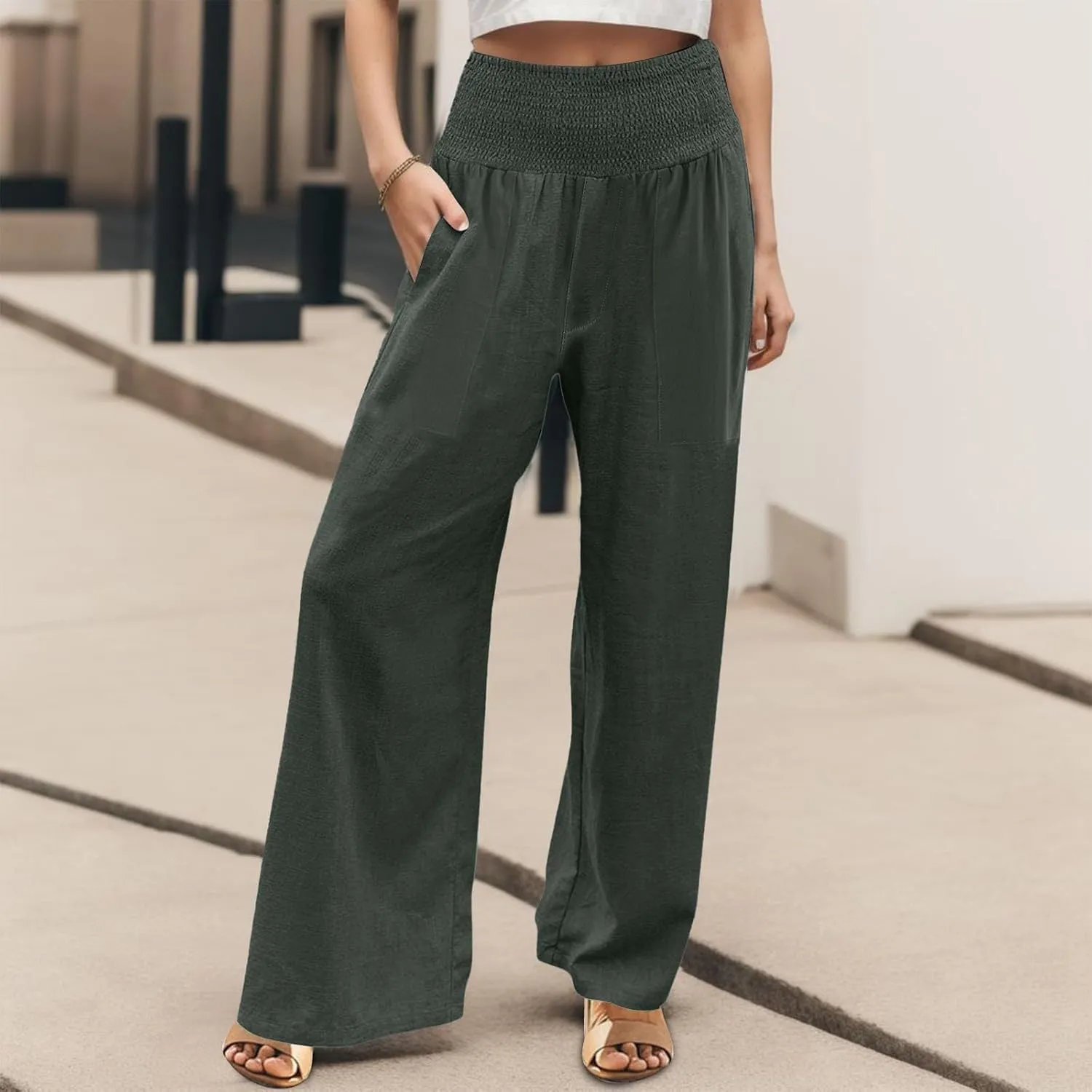 GOFULY Linen Pants Women Wide Leg Flowy High Rise Summer Pants Vacation 2025 Elastic Waist Baggy Solid Trouser with Pockets